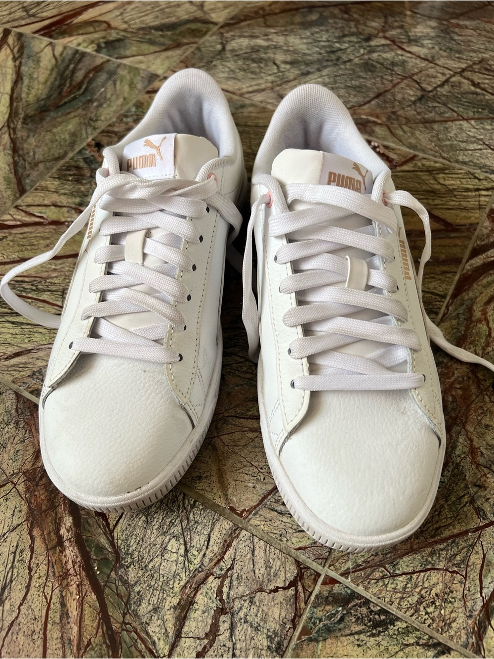 Puma White Sneakers with Rose Gold Logo Accents